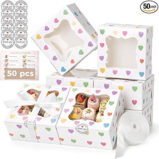 OAMCEG 50 Pack Cookie Boxes with Window, 6x6x3 Inch White Bakery Boxes for Desserts, Donuts,Cookies, Heart-shape Take-out Treat Boxes for Party & Wedding, Gifts