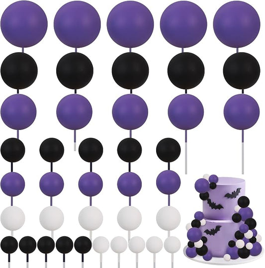BEISHIDA 40 pcs Foam Ball Halloween Cake Toppers with Sticks Perfect for Graduation Halloween Cake Decor Birthday Graduation Congrats 2026 Cake Decoration Wednesday Theme Party(Black, White, Purple)