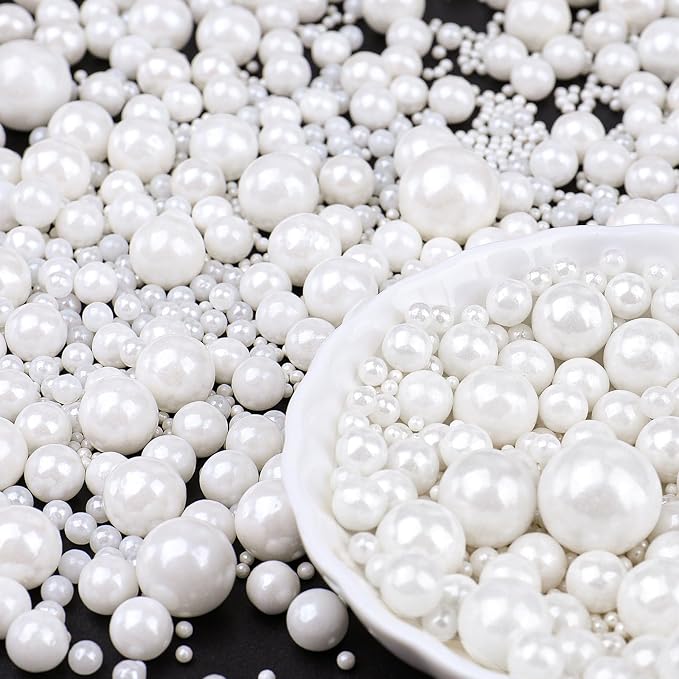 White Pearl Sprinkles for Cake Decorating, 6 Sizes Mix 4.6 oz Edible Pearls Sugar Sprinkles for Baking Cupcake Cookie Ice Cream