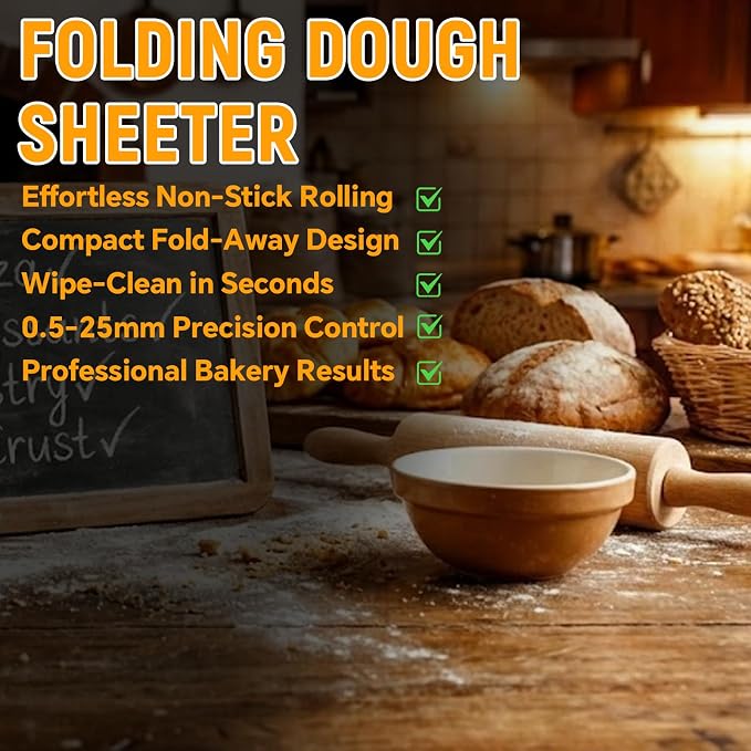 15.5" Folding Dough Sheeter Manual Dough Roller Machine with Sheeter Board Stainless Steel Dough Machine with 55 Adjustable Thicknesses Suitable for Pizza Pie Croissants and Puff Pastry