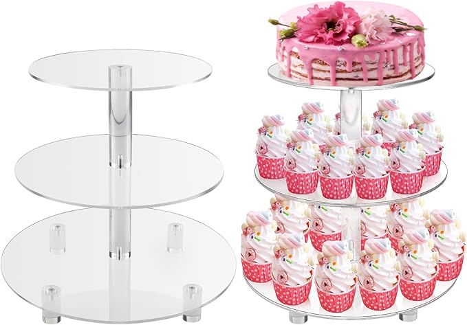 3 Tiers Round Cupcake Stand, Acrylic Cake Tower Stand Holder Macaron Display Rack Cookie Candy Buffet Desserts Platter with Base for Baby Shower, Birthday Party, Wedding, Party (3-Tiers with Base)