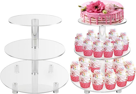 3 Tiers Round Cupcake Stand, Acrylic Cake Tower Stand Holder Macaron Display Rack Cookie Candy Buffet Desserts Platter with Base for Baby Shower, Birthday Party, Wedding, Party (3-Tiers with Base)