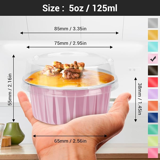 EUSOAR Baking Cups with Lids, Pink 25Pcs 5oz Disposable Aluminum Foil Mini Muffin Liners, Dessert Cheesecake Pan Creme Brulee Cupcake Ramekins Containers Oven Safe for Catering Club Wedding Party