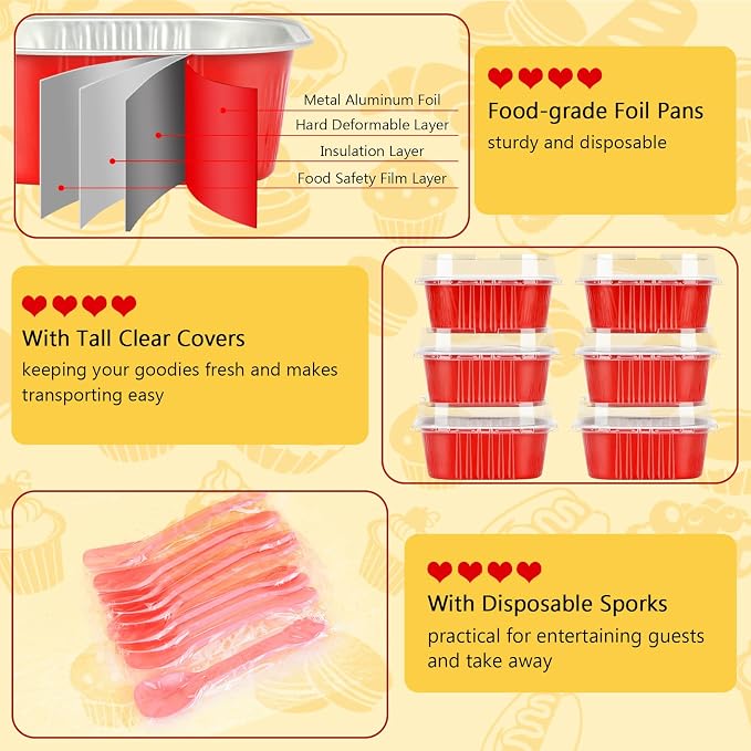 LNYZQUS 5oz Mini Cake Pans with Lids 25 Pack, Foil Muffin Cups for Oven, Disposable Cupcake Containers, Square Individual Baking Tins Small Creme Brulee Ramekins for Christmas Baking Gifts -Red