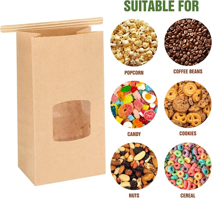 Moretoes 100pcs Small Bakery Cookie Bags with Window, Brown Kraft Paper Bags for Homemade Bread Cookie, 3.5x2.2x6.7in Tin Tie Tab
