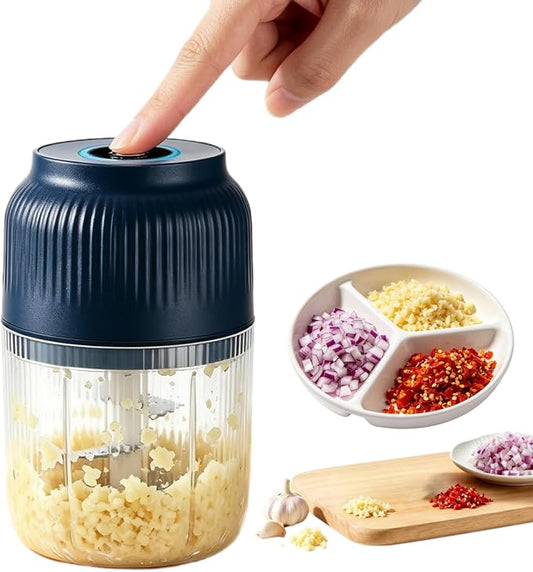 Electric Garlic Chopper, Mini Portable Veggie Chopper Garlic Grinder Masher Onion Chopper, Rechargeable Cordless Food Processor & Food Chopper for Ginger Chili Nut Meat Vegetables, 400ml (Blue)