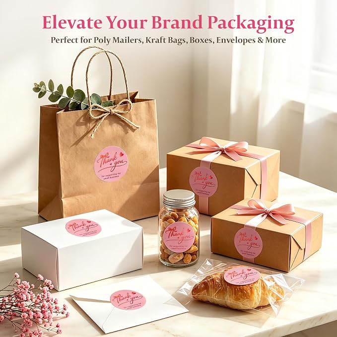 BEYGORM 1000 PCS Thank You Stickers for Small Business, 1.5 in Waterproof Pink Round Gold Foil Packaging Labels, Elegant Envelope Seals for Shipping, Bakery, Cookies, and Gift Boxes