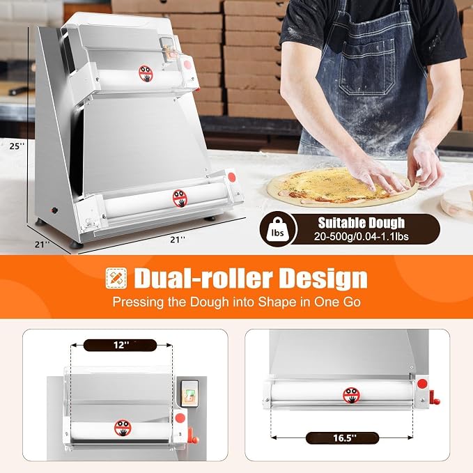 Commercial Pizza Dough Roller Sheeter for 4"-16", 370W Electric Dough Press Machine, 5s/Dough Dual-Roller Pizza Press Pasta Maker, Adjustable Thickness Stainless Steel Dough Sheeter