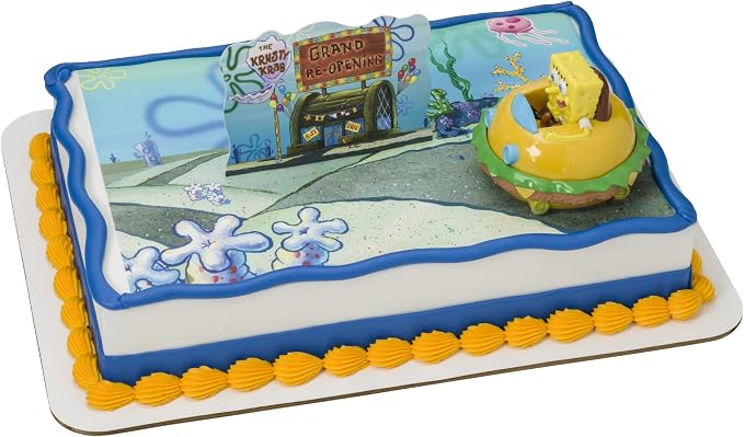 DecoSet® SpongeBob Square Pants Krabby Patty Cake Topper, 2-Piece Birthday Party Set with Rolling Car Figure for Fun After the Party, 3"H x 4.25"W