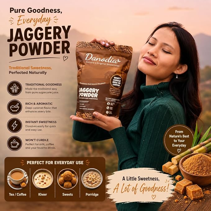 Danodia Foods Organic Jaggery Powder, Cane Gur Sweetener, 2 lb Pack | Fine sugarcane gur sweetener for chai, coffee, baking, cooking, desserts and Indian pantry recipes; Indian pantry sweetener