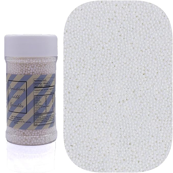 Dynastang 2mm White Pearls Sprinkles Edible Pearls Cake Decorating Stars Cake Decorations Cupcake Toppers Cookie Decorating Perfect for Cakes, Cupcakes, Desserts Toppings 3OZ