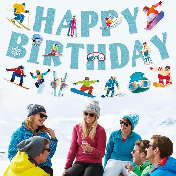 Zwiebeco Blue Skiing Happy Birthday Banner Bunting Garland Hanging Paper Party Decoration for Boys Girls Mens Womens Snow Skier Lover Winter Ski Snowboard Sports Themed Bday Decor Accessories Supplies