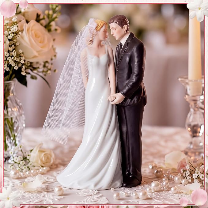 Remerry 4.5" Wedding Bride and Groom Cake Topper Vintage Elegant Wedding Cake Topper Couple Figurine Novios Para Pastel for Engagement Romantic Funny Couple Statue Anniversary(Gentle Lean,White)