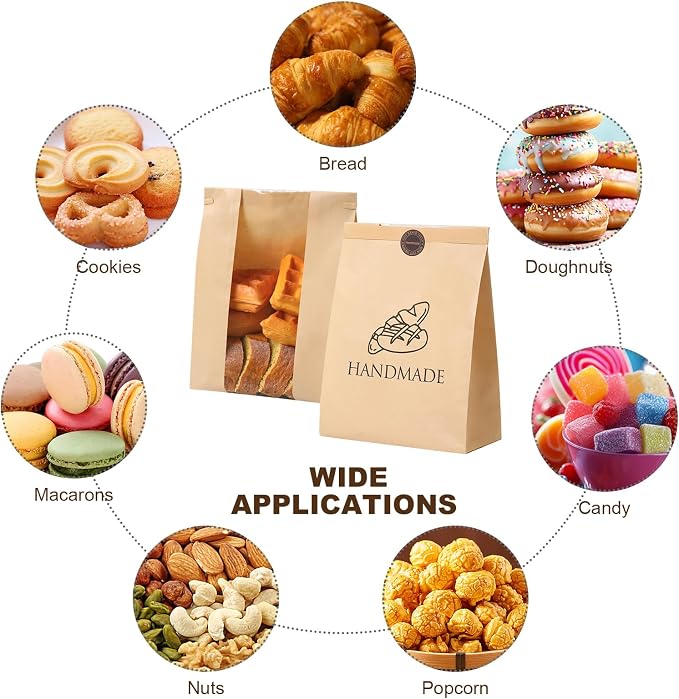 88 Pack Paper Bread Bags for Homemade Baking - Tin Tie Tab Lock Sourdough Bag, Large Loaf Packaging With Clear Window for Storage - 90 Label Seal Stickers for Bakery Use
