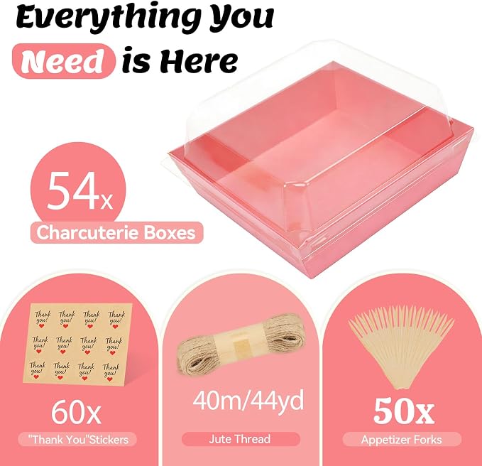 54 Pack Small Charcuterie Boxes with Clear Lids, Paper Mini Charcuterie Box To Go, Disposable Food Container with Lid, Dessert Boxes for Sandwich, Cookie, Sushi, Cake Slice, and Strawberries, Pink