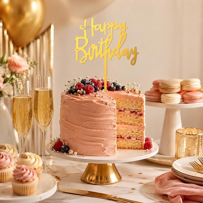 2 PCS Gold Happy Birthday Cake Topper, Acrylic | Hand-Drawn Happy Birthday Topper for DIY Party Cake Decoration, Perfect Keepsake for your family and friends