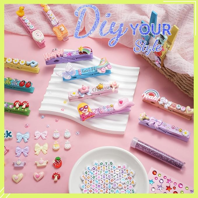 Cheer Pins for Cheerleaders, 80 Pcs Team Spirit Clips Clothes Pins Wooden | 250+ Pcs Mini Resin Charms, Bows, Beads, Stickers, Fade-resistant, Ideal for Craft Making, Backpack Deco, Gift Giving