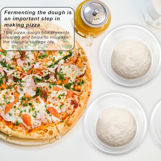 BSTKEY Round Pizza Dough Proofing Boxes, Set of 9 Stackable Food Storage Containers with Lid, 1100ml Clear Plastic Tray Fits for 300 Gram Pizza Dough, For Making 12-16" Pizzas