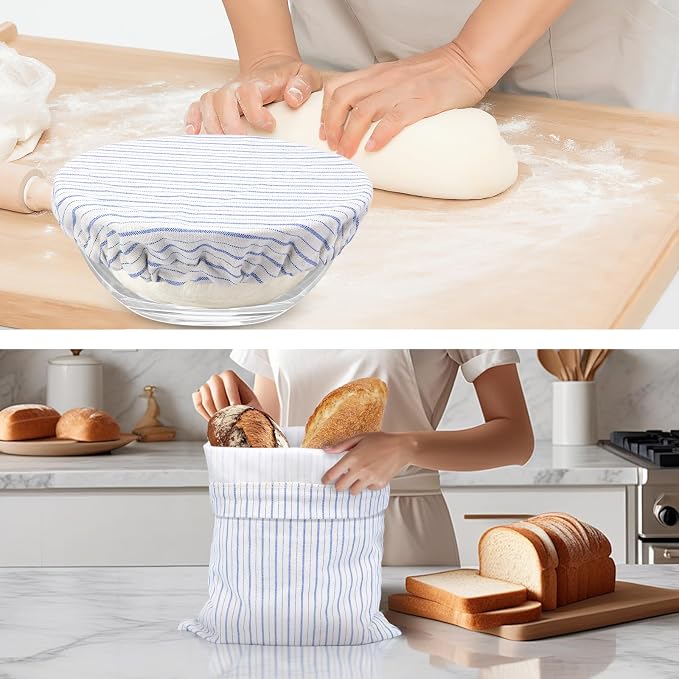 Reusable Bread Bags for Homemade Bread with TPU Lining & Proofing Bowl Cover, Organic Cotton Sourdough Bread bags for Baker Lovers (stripe)