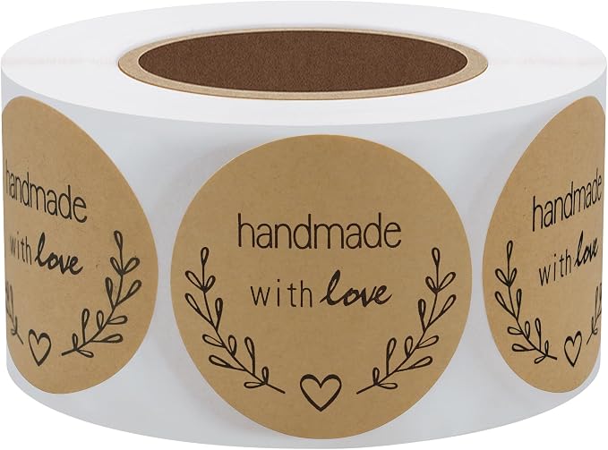 Hybsk Kraft Olive Branch Handmade with Love Stickers 1.5 inch Round Total 500 Labels on a Roll (Kraft)