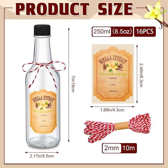 Tioncy 16 Pcs Empty Vanilla Extract Bottles for Homemade Vanilla Jar Glass Bottle with Cap, Shrink Band, Sticker DIY Crafts Wedding Gift Food Storage Canister for Bean(Gold,8.5 oz)