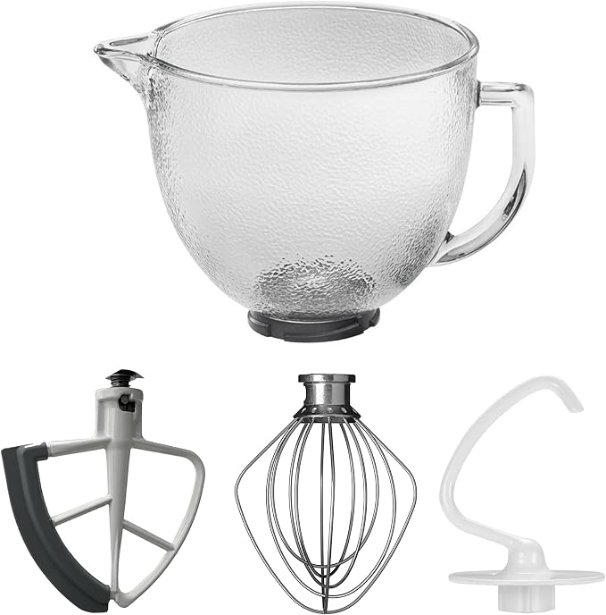 Replacement Glass Mixer Bowl with Lid and Attachments Set, 4.5-5 Qt,Compatible with Kitchenaid Tilt-Head Stand Mixers, Includes Beaters, Dough Hook, Wire Whip (Frosted color)