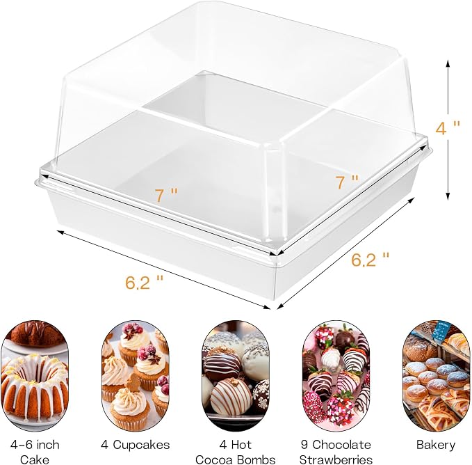 ZORRITA Paper Cake Boxes with Clear Lids, 7" x 7" x 4", 40 Pack, White | Disposable, Square Food Containers, For 4-6 Inch Cake, Dessert, Pie, Cupcake, Bakery, Charcuterie