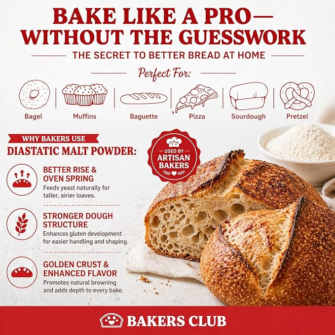 Bakers Club Artisan Diastatic Malt Powder 10oz - Enhance Flavor, Crust, Rise, Texture - Baking Bread, Pizza Crust, Pretzels, Desserts, Muffins, Bagels, Sourdough, Milkshakes - Made in USA, Malted Barley Flour 10oz