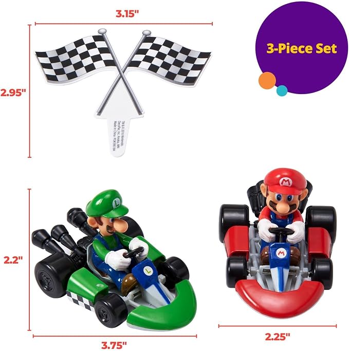 DecoSet® Mario Kart™ Cake Topper, 3 Piece Cake Decoration with Race Kart Toppers & Checkered Flag Decoration, Collectible Character Karts for Hours of Fun After the Party