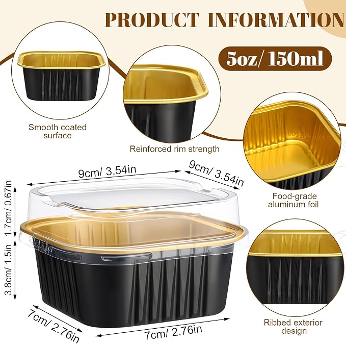 300 Pack 5 oz Black Gold Mini Cake Pans with Lid, Aluminum Foil Mini Baking Tins, Square Disposable Cupcake Baking Cup Dessert Container for Wedding Birthday Party Favors Picnic Supplies
