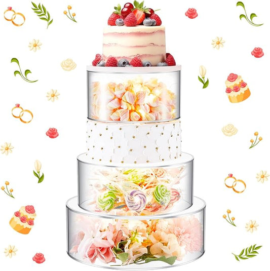 Sintuff 3 Pcs Acrylic Cake Stand with LED Lights 9‘’, 11‘’, 13‘’ Clear Fillable Cake Riser Round 3 Tier Case Box for Wedding Birthday Holiday Party Food Display, 3 Sizes