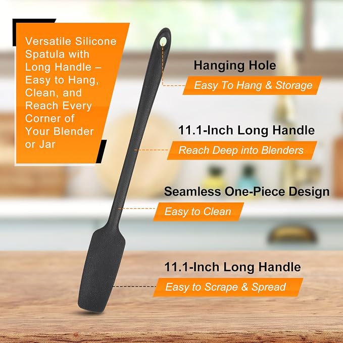 2 Pcs Black Blender Spatula Set with Under Blade Bottle Scraper and Jar Scraper Blender for Smoothies, Jars & Bottle, Food Grade Silicone Spatula for Kitchen