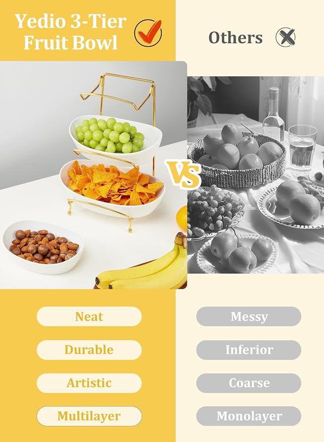 Fruit Bowls for Kitchen Counter, 3 Tier Ceramic Fruit Basket with Serving Bowls Metal Stand, Tiered White Porcelain Bowls for Fruit Vegetable Storage, Snack, Nuts, Cake, Dessert