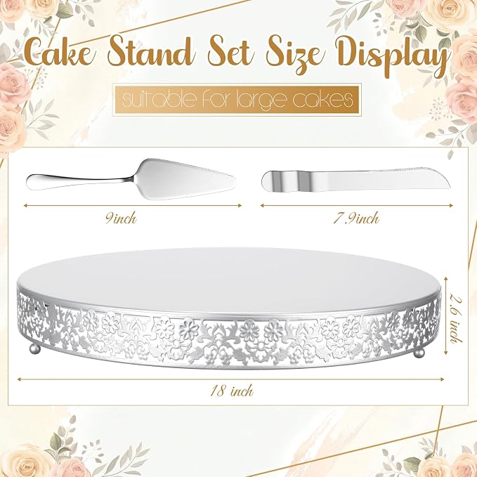Wenqik 18 Inch Silver Cake Stand Set Metal Round Cupcake Dessert Stand with Cake Cutting, Flower Spatula Wedding Cupcake Pastry Display Candy Holder Display for Wedding Party Birthday Baby Shower