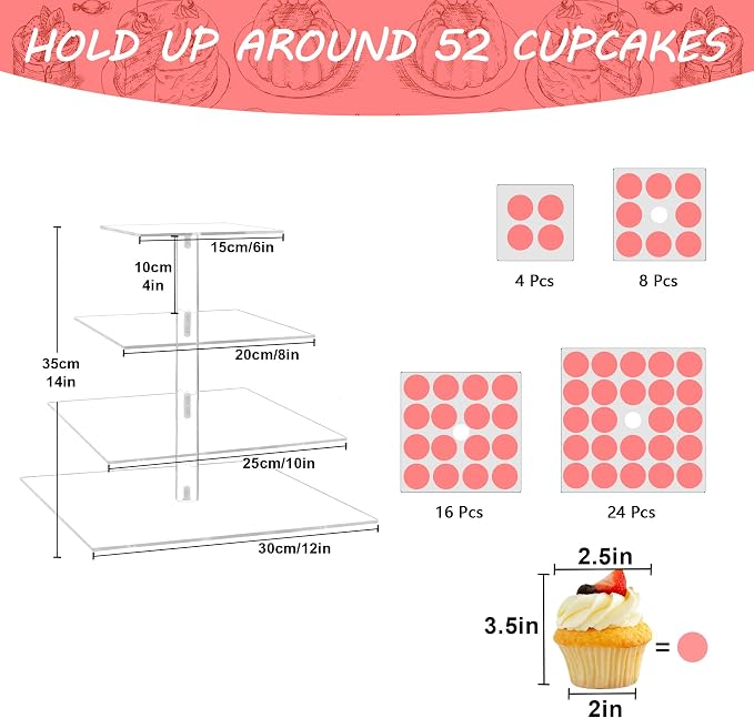 Cupcake Stand, 4 Tier Cupcake Stands for 52 Cupcakes, Square Acrylic Dessert Table Display, Clear Cupcake Tower Holder Display for Birthday, Wedding, Baby Shower, Party