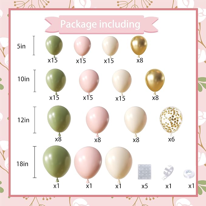 Avocado Green Pink Balloon Arch Kit, 146Pcs Pastel Pink White Sand Retro Avocado Green Gold Confetti Balloons for Baby Bridal Shower Wedding Engagement Birthday Party Decorations