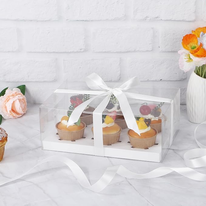EUSOAR Clear Cupcake Boxes, 6 Pack White Muffins Gift Holder 6 Count with Gift Ribbon, Rectangle Bakery Mini Cake Containers Carrier Treat Dessert Cookies Pastry Decor for Wedding Party Favor