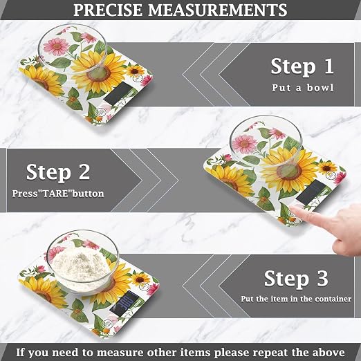 Food Scale Kitchen Digital Scale Food Ounces and Grams Dieting Baking Cooking Waterproof Glass Panels LCD Display,4 Units Scale Tare Function Sunflower White