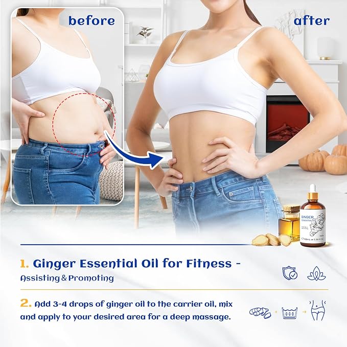 HIQILI Ginger Essential Oil 3.38 Fl Oz, for Massage, Diffuser, Large Bottle with Dropper & Gift Box -100ml