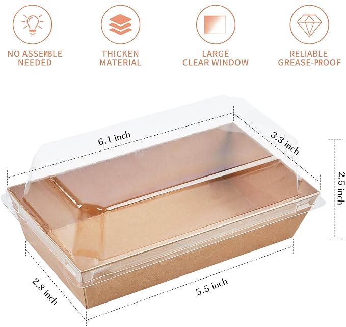 Ocmoiy Small Charcuterie Boxes with Clear Lids, 6x3 Inches, 50 Pack, Brown | To Go Paper Sandwich Containers, Disposable Bakery Treat Boxes, For 2 Cupcakes, Dessert, Muffin, Hot Cocoa Bomb, Strawberries