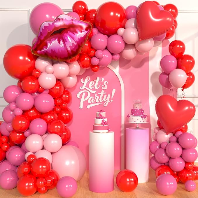 Valentine's Day Balloon Arch Kit - 157Pcs Red Heart and Lip Foil Balloons Hot Pink Red and Pink Latex Balloons Garland Kit for Valentines Day Galentines Day Anniversary Party Decorations