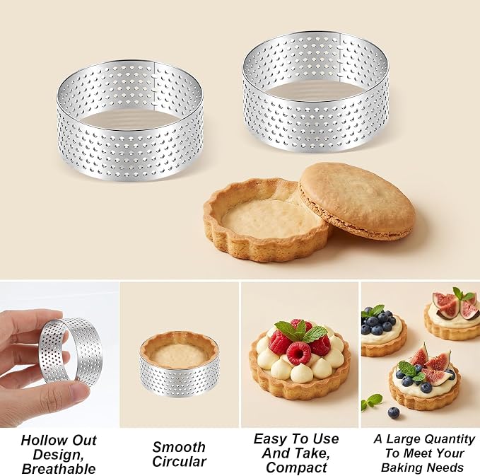 30 Pack Stainless Steel Tart Rings 2 Inch Heat-Resistant Perforated Cake Mousse Ring Round Ring Baking Doughnut Tools Small Fruit Tarte Molds for Cooking Dessert Crumpet