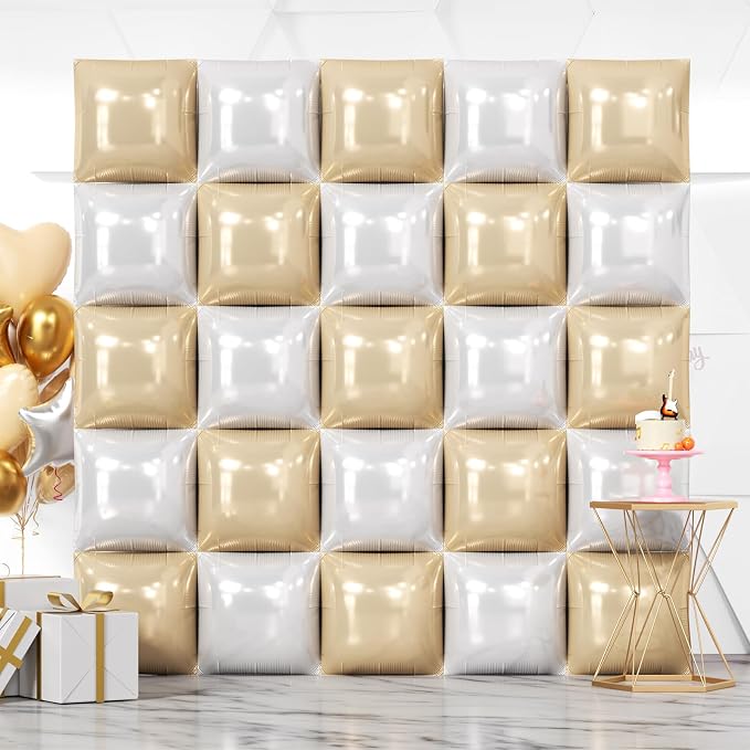 NISOCY 25PCS Beige White Square Foil Balloons Wall Backdrop Double Sided Sand Pearl White Balloon Arch Kit for Birthday Baby Bridal Shower Graduation Gender Reveal Engagement Party Decoration