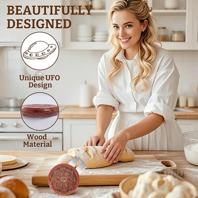 UFO Bread Lame Set for Sourdough,Wooden Bread Scoring Tool for Homemade Sourdough Gifts for Bread Baker with 15 Blades and Leather Storage Cover,Lame Cutter Scoring Knife for Baking-Rosette