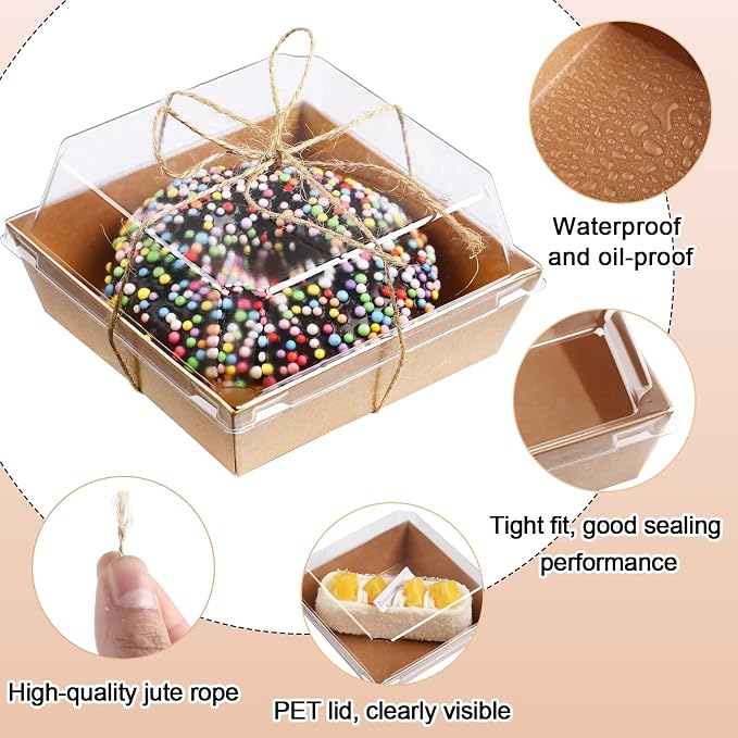 Jetec 150 Pack Charcuterie Boxes with Clear Lids and Rope 4 Inches Cake Disposable Square Dessert Food Box Containers with Lids for Bakery Macaron Cookies Strawberries Fruits Display (Kraft)