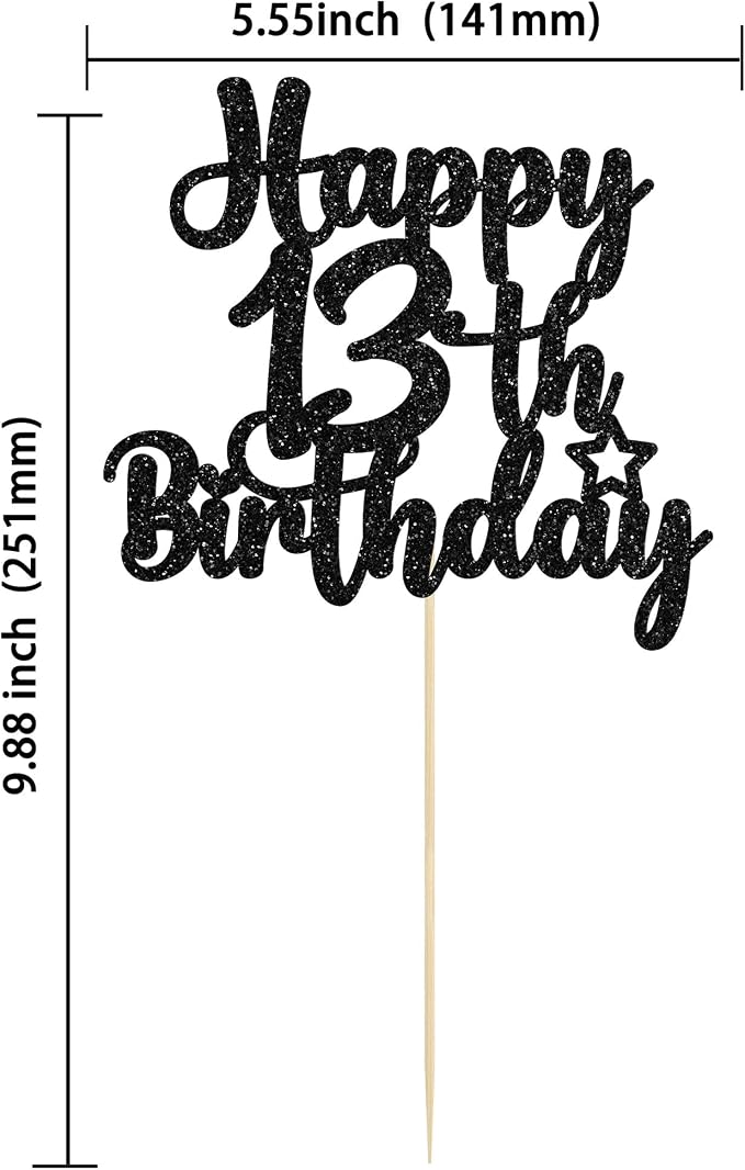 Gyufise 1Pc Happy 13th Birthday Cake Topper Glitter 13 & Fabulous Official Teenager 13 Birthday Cake Pick for Celebrating 13th Birthday Anniversary Party Cake Decorations Supplies Black
