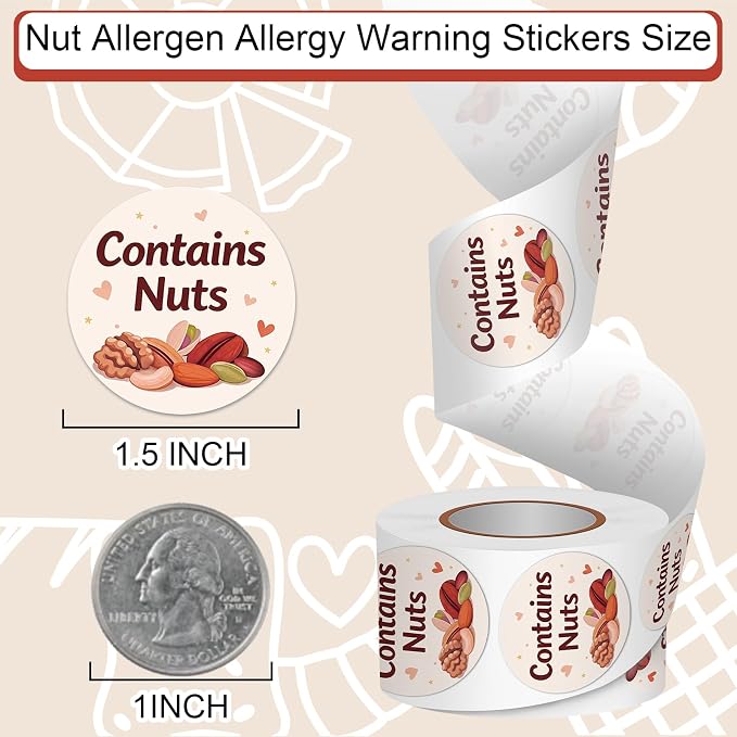 Louise Maelys 500 Pcs Contains Nuts Stickers -1.5 Inch Nut Allergen Allergy Warning Sticker Nuts Allergen Labels Allergic to Nuts for Baking,Food Safety,Retail and Restaurants