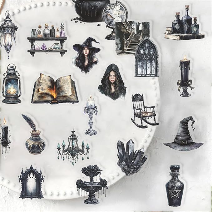 100Pcs Magic Stickers for Kindle, Mystical Witchy Magic Transparent Aesthetic Self-Adhesive Scrapbooking Stickers Supplies Journal Stuffers for Adult Card Making Letters DIY (Witch)