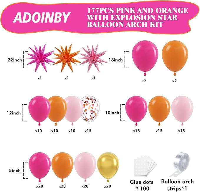 Pink and Orange Balloon Garland Arch Kit, 177Pcs Explosion Star Balloons Hot Pink Orange Metallic Gold and Confetti Balloons for Birthday Wedding Baby Shower Tropical Summer Party Decorations