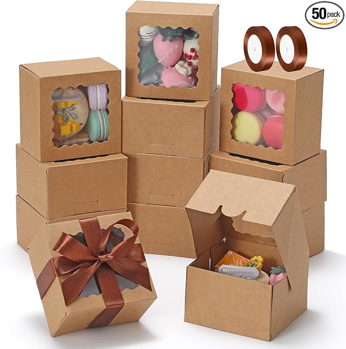 COTOPHER Auto Pop Up Cookie Box with Window 4x4x2.5 Inches – 50 Pack Brown Bakery Boxes with Ribbon for Birthday Party Favors, Wedding, Christmas Gift Packaging for Cookies, Candy, Macarons